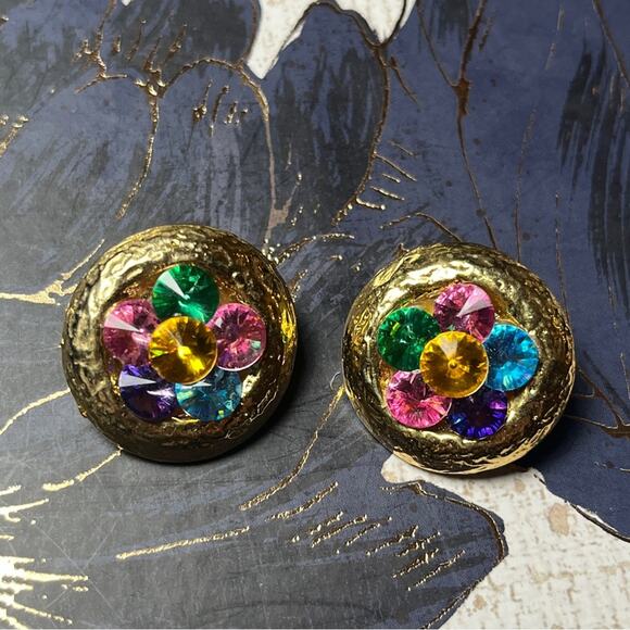 Vintage 80s 1980s Large Oversized Gold Gemstone Flower Clip Earrings D1 - Picture 3 of 10